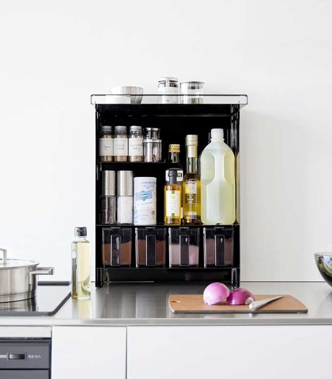 YAMAZAKI Home Spice Rack, Large Multi-Tier with Door Metal Shelves, Black | Large kitchen seasoning and condiments spice rack features a concealable design with a door. A smart fit for modern homes. - Image 7