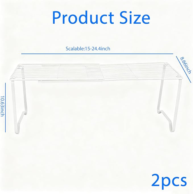 Extendable Metal Wire Shelf Organizer - Adjustable 15-24.4in Length, Stackable Storage Rack for Kitchen, Pantry, Bathroom, Shoe Cabinet & Tool Closet (2 Pack, White) - Image 2