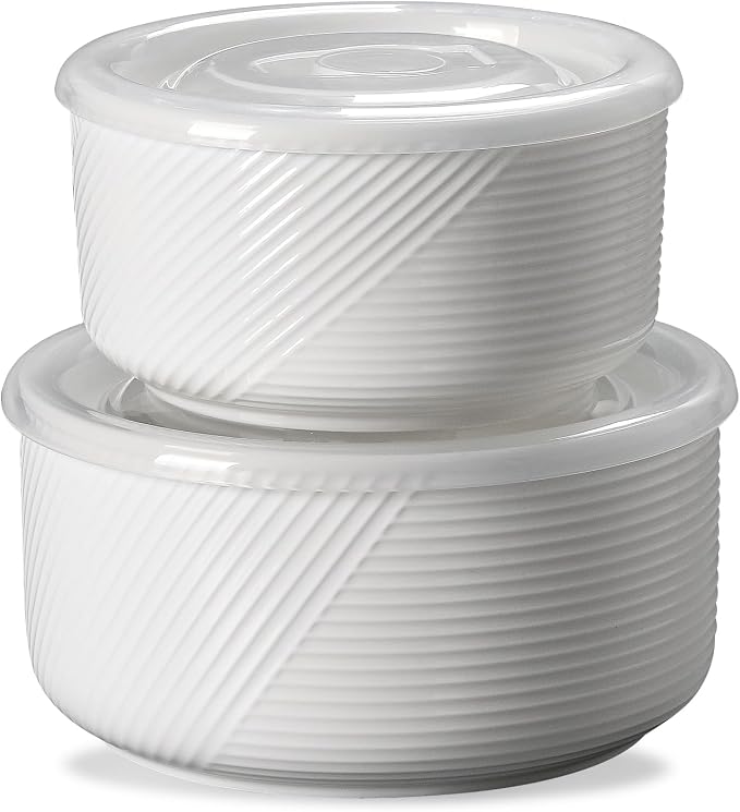 Ceramic Nesting Bowls with Lid, Microwave Safe, Set of 2, White | Food Storage Containers for Work Lunch Picnic Camping Meal Prep Soup Salad Cereal Leftovers - 5 & 6 Inch, 20 & 32 oz by Adewnest