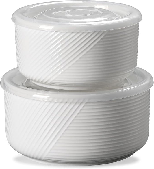Ceramic Nesting Bowls with Lid, Microwave Safe, Set of 2, White | Food Storage Containers for Work Lunch Picnic Camping Meal Prep Soup Salad Cereal Leftovers - 5 & 6 Inch, 20 & 32 oz by Adewnest