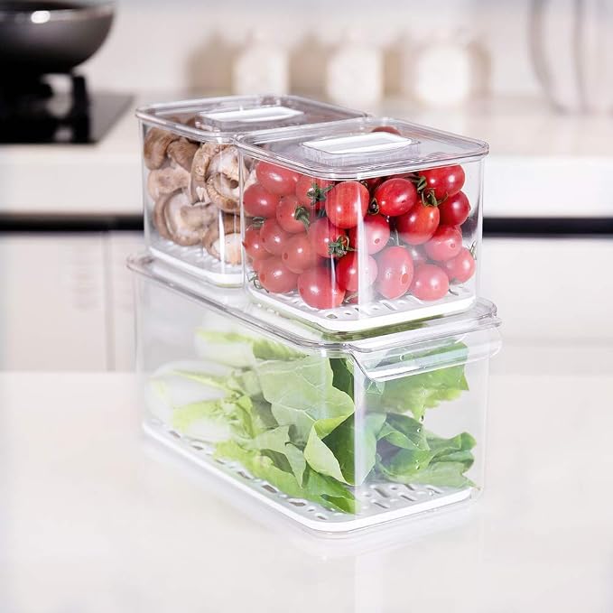 SANNO Produce Saver Containers for Refrigerator - Stackable Kitchen Organizer Keeper Bin, with Removable Drain Tray, Set of 6 - Image 2