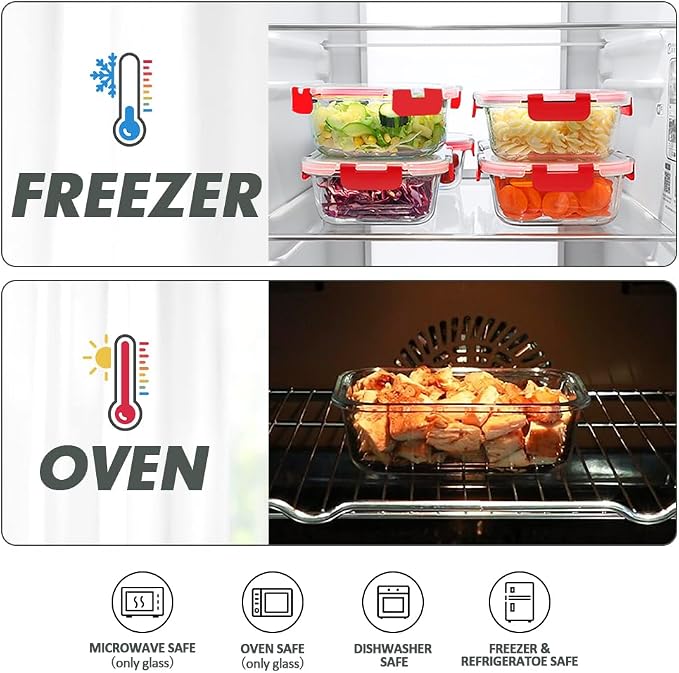 VERONES 12 Packs Glass Food Storage Containers Set with Lids, Red | Airtight Glass Lunch Containers, Glass Meal Prep Containers with Lids, for Microwave, Oven, Freezer & Dishwasher Friendly - Image 3
