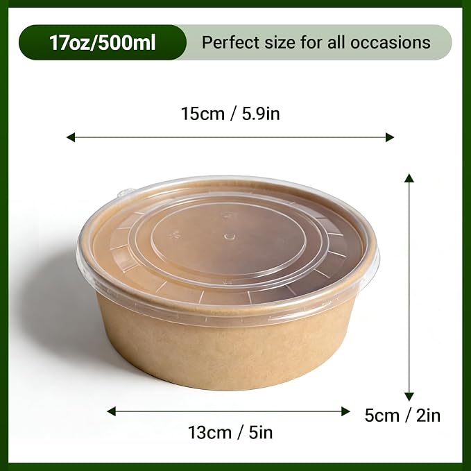 300 Pcs Disposable Round Paper Bowls with Lid 17 oz, Microwave Deli Containers Leakproof Acai Bowls, Salad Bowlwith Lid for Lunch, Disposable bowls with lids for Soup Toppings Snack Camping Family - Image 10