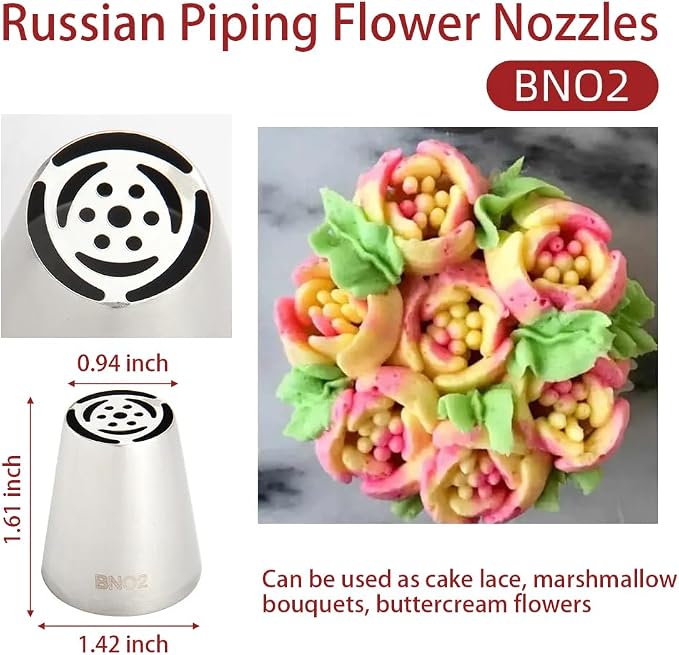 82Pack Large Russian Flower Nozzles for Cake Decorating Stainless Steel Buttercream Bouquet Nozzles,Includes 65 Large Flower Nozzles,2 Leafs, 2 Converters,2 Brushes,1 Silicone,10 Framing Bags - Image 3