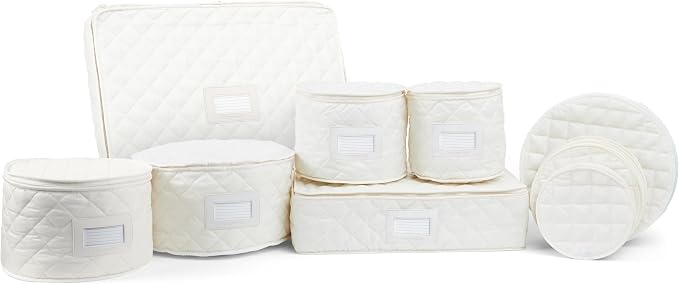 Covermates Keepsakes Dish Storage Set – Padded China & Dinnerware Storage Cases with Dividers, Cup & Stemware Storage, Quilted Polyester Protection, ID Window, Cream by Covermates