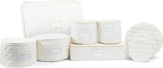 Covermates Keepsakes Dish Storage Set – Padded China & Dinnerware Storage Cases with Dividers, Cup & Stemware Storage, Quilted Polyester Protection, ID Window, Cream by Covermates