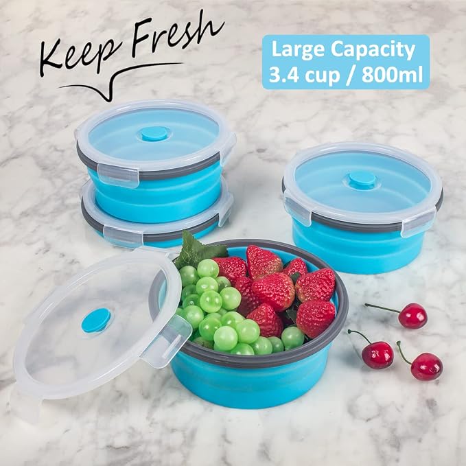 Collapsible Food Storage Containers Round with Airtight Lid, 27 oz, Kitchen Stacking Silicone Collapsible Meal Prep Container Set for Leftover, Microwave Freezer Dishwasher Safe, Blue, Set of 4 - Image 2