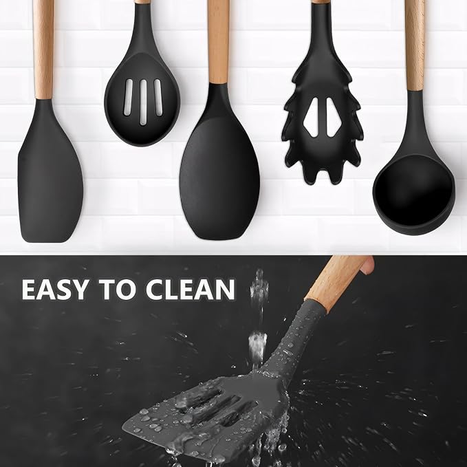 Silicone Kitchen Utensils Set of 6, Cooking Utensils Set with Heat Resistant Wooden Handle, Nonstick Silicone Spatula Spoon Turner Ladle, Cooking Kitchen Gadget for Cookware & Baking BPA FREE - Image 7
