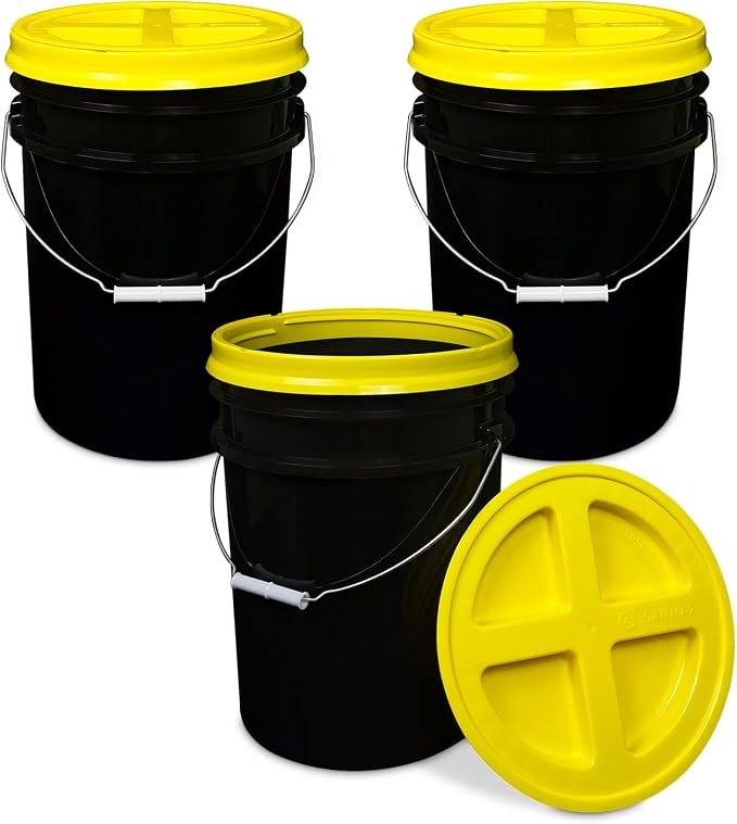 5 Gallon Bucket - Food Grade w/Lid BPA-Free, Black/Yellow, 3 | Airtight Gamma Seal Screw-On Lid, Heavy-Duty 90 Mil HDPE Plastic, Food Safe and Durable Container, Bulk Storage, Made in USA by ePackageSupply