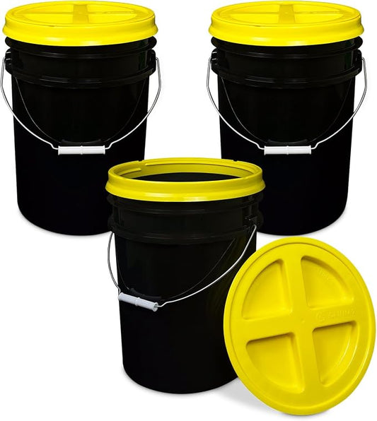 5 Gallon Bucket - Food Grade w/Lid BPA-Free, Black/Yellow, 3 | Airtight Gamma Seal Screw-On Lid, Heavy-Duty 90 Mil HDPE Plastic, Food Safe and Durable Container, Bulk Storage, Made in USA by ePackageSupply