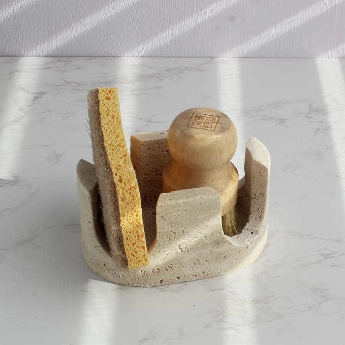 Natural Travertine Marble 2-Slot Sponge Holder for Kitchen Counter, 2-in-1 Stone Drying Rack, Sponge Caddy for Sink Organizer - Beige Travertine - Image 9