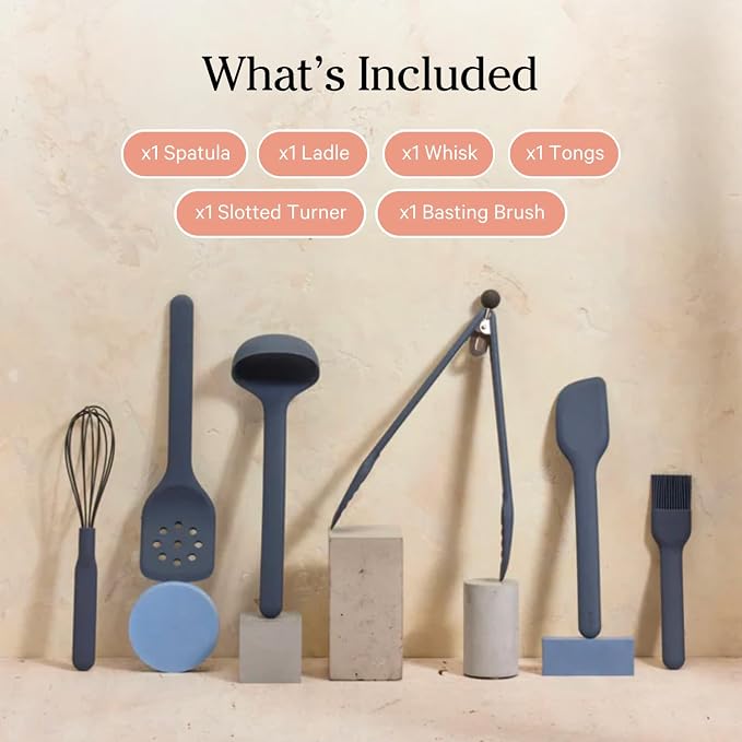 Our Place Utensil Essentials - 6-Piece Silicone Cooking Utensil Set | Ergonomic, Heat-Resistant, Dishwasher Safe | Spatula, Ladle, Whisk, Slotted Turner, Basting Brush, Tongs | BPA-Free | Blue - Image 3