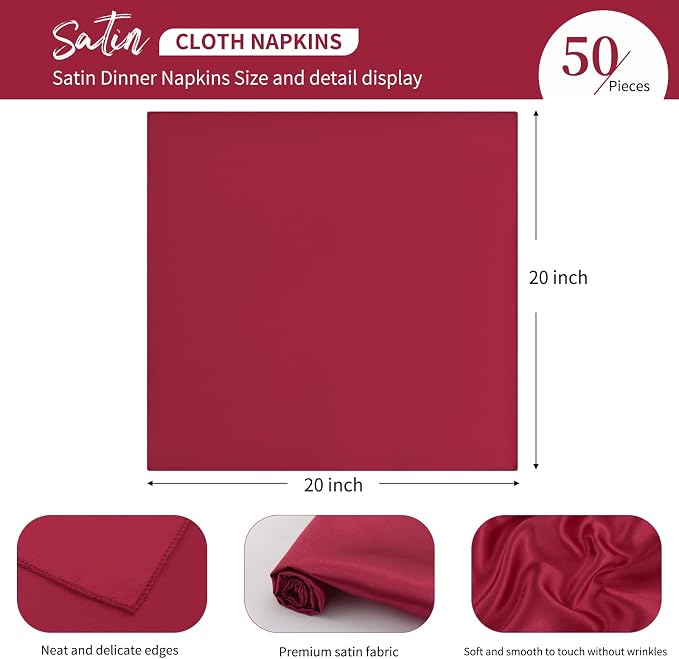 50 PCS Burgundy Square Satin Cloth Napkins, 20 X 20 Inch | Soft Smooth, Washable Reusable, Silk Dinner Table Napkins Bulk, for Weddings Parties Banquets Dining and Restaurants - Image 3