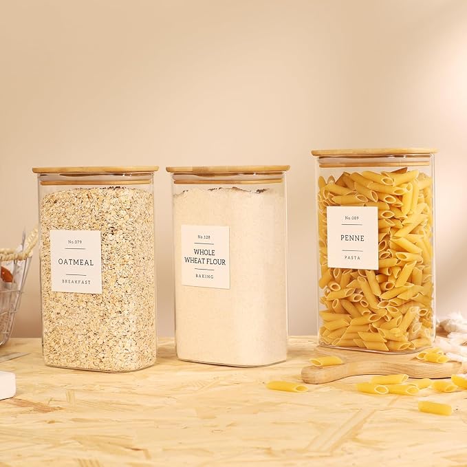 3 Pack Square Glass Pantry Storage Containers with 132 Kitchen Food Pantry Labels - 51 floz Clear Glass Pantry Jars with Airtight Wood Bamboo Lids - Glass Canisters for Candy, Cereal, Coffee, Spice - Image 6