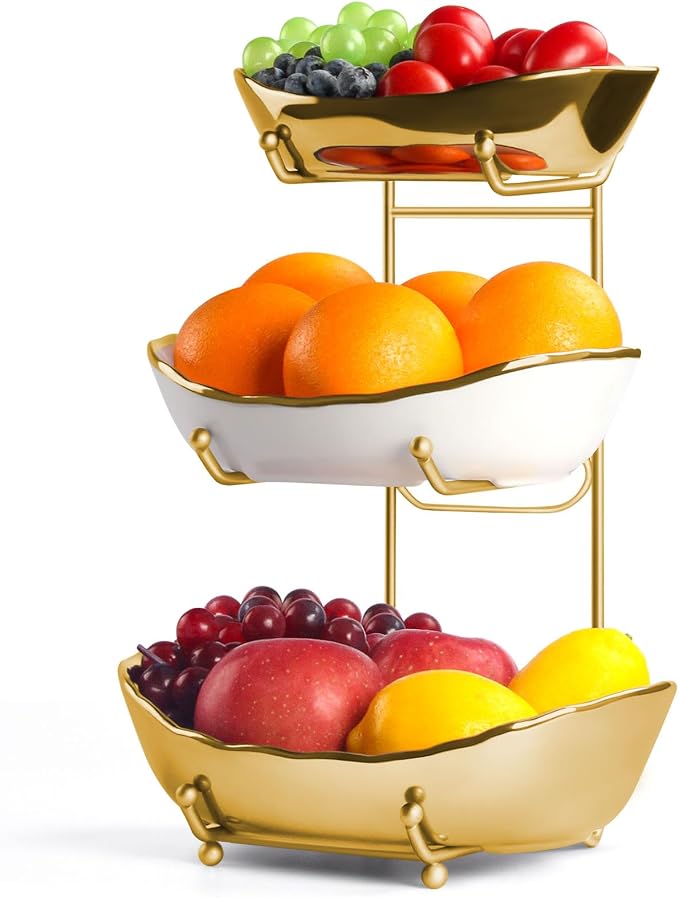 Fruit Bowl for Kitchen Counter,3 Tier Ceramic Fruit Basket with Metal Stand, Tiered Fruit Rack for Countertop, Modern Multi Serving Bowl for Party Dessert, Vegetable, Snack (Gold-White) by Unknown
