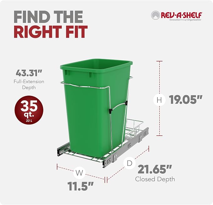 Rev-A-Shelf Pullout Trash Can for Kitchen Cabinets 35 Qt Garbage Waste Recycling Bin with Full Extension Slides, Green, RV-12KD-19C-S - Image 3