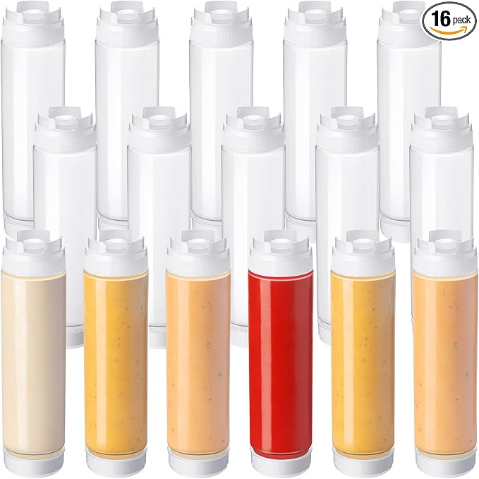 Roshtia 16 Pcs 16 oz Squeeze Bottle Condiment Squeeze Bottle Inverted Plastic Squeeze Bottle for Sauce Refillable Self Sealing Sauce Dispenser for Liquids Reusable Restaurants Kitchen(White) by Roshtia