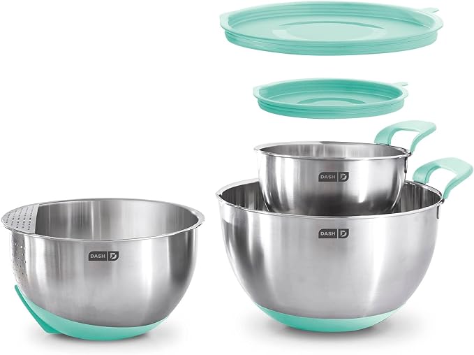 DASH Stainless Steel Mixing Bowls with Lids, Silicone Non-Slip Base with Measuring Lines and Strainer, 3 Bowl Set - 1.5 Quart, 3 Quart, & 5 Quart - Aqua by Dash