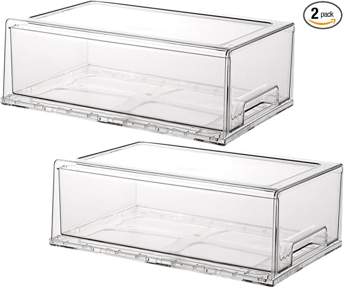 Stackable storage drawers, clear pull-out organizer with handles and non-slip pads for kitchen, refrigerator,office desktop, pantry and shelves, perfect for organization and storage (2 Pack, Medium) by Unknown