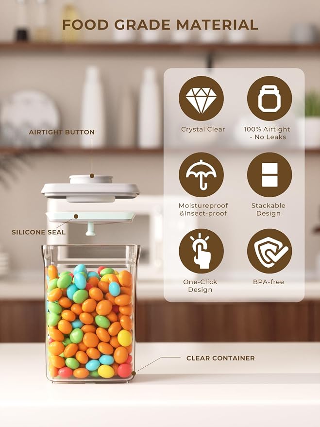 Pop Top Food Storage Containers, 0.5 Qt & 1.5 Qt Airtight Jars | Clear Stackable Kitchen Jars for Oats, Coffee, Sugar, Nuts and Snacks, Designed for Breakfast Stations and Small Cabinets - Image 5