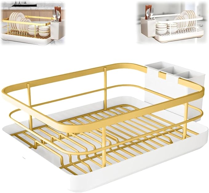 Dish Drying Rack for Kitchen Counter,Large Capacity Dish Drying Rack,Carbons Steel Dishes Drainer with Utensil Holder,Multifunctional Kitchen Utensil Holder with Dishes Racks and Tray (Gold) - Image 8