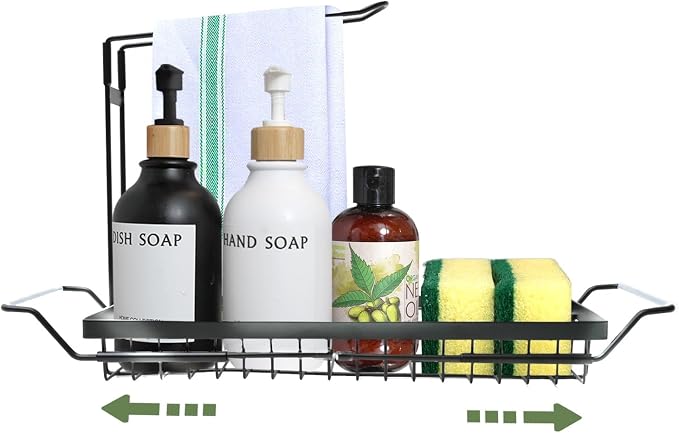 DINEST Expandable Kitchen Sink Caddy Organizer, Stainless Steel Over Sink Sponge, Bottle, Dishcloth, BrushTowel Holder, Rustproof Non-Slip - Small by DINEST