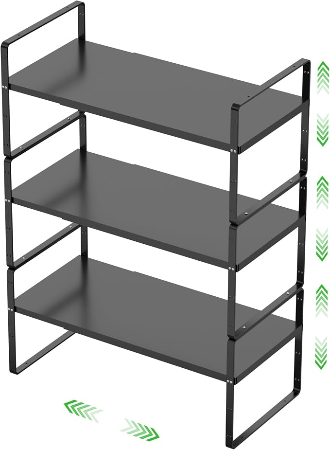 Expandable Cabinet Shelf, Stackable Organizer Rack, Black Small 3 PK | Adjustable Fit, Stackable Height Options, Nonslip Base, Larger Capacity, Cabinet/Pantry Organization by SOFRON