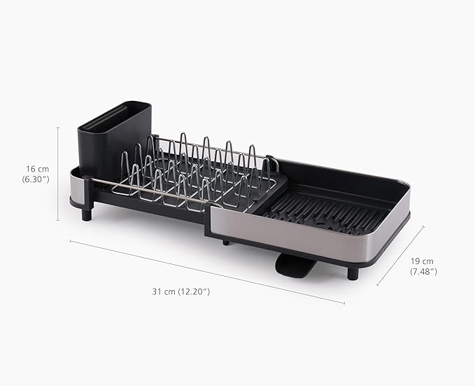 Joseph Joseph Extend Slim Steel Expandable Dish Drying Rack with Removable Cutlery Holder and Swivel Draining Spout, Compact Design, Grey - Image 4