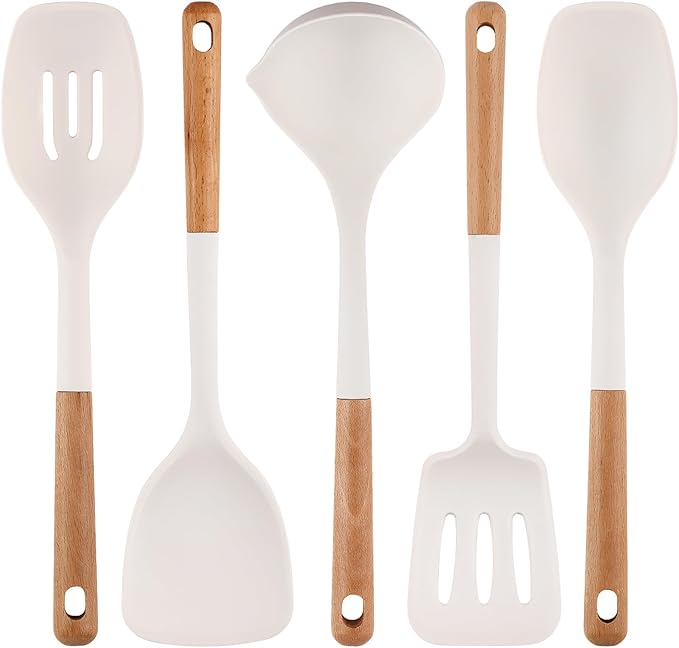 Silicone Cooking Utensils Set 5 Pcs Large Non-Stick Kitchen Utensils Set, Wooden Handle Heat Resistance Turner Soup Ladle Spoon Silicone Cooking Kitchen Gadgets BPA Free for Nonstick Cookware by IOCBYHZ