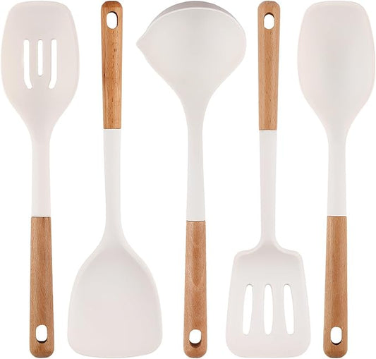 Silicone Cooking Utensils Set 5 Pcs Large Non-Stick Kitchen Utensils Set, Wooden Handle Heat Resistance Turner Soup Ladle Spoon Silicone Cooking Kitchen Gadgets BPA Free for Nonstick Cookware by IOCBYHZ