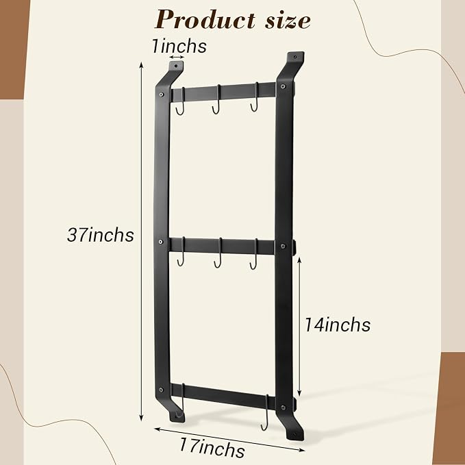37” Pot and Pan Hanging Rack Wall Mounted, 3 Tier Iron Vertical Hanging Pan Organizer Shelf with 8 S Hooks Hanger for Kitchen Utensils, Space Saving Storage for Cookware - Image 2