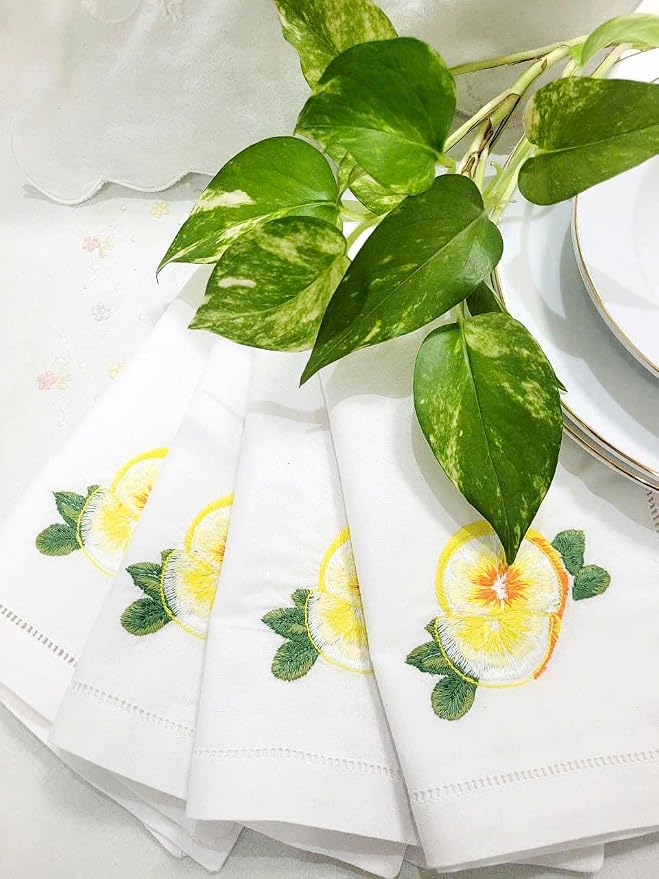 Embroidered Cloth Napkin Lemon Cotton Napkins Set of 6, 20x20 Hemstitch Table Napkins Machine Washable, Daily & Holidays, Great Present Ideas - Image 8