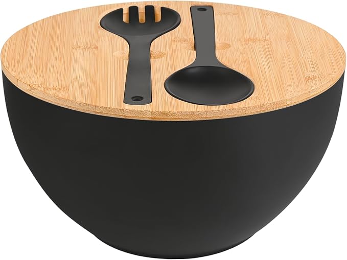 LOVYANXUE Salad Bowl with Lid, 12" Extra Large Bamboo Fiber Salad Bowl with Servers Set for Kitchen, Nature Bamboo Mixing and Serving Bowl with Lid, Spoon and Fork for Fruits,Salads and Vegetables by LOVYANXUE