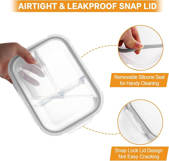 Bayco 9 Pack Glass Meal Prep Containers - 3, 2 & 1 Compartment Glass Food Storage Containers with Lids, Airtight & Leak Proof Lunch Bento Boxes - Grey - Image 4