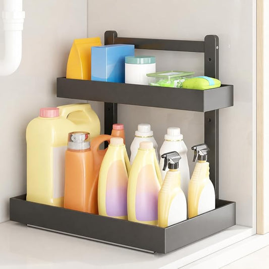 Bamboo Under Sink Organizer, 2-Tier Pull Out Cabinet Organizer | Kitchen Sink Organizer | Bathroom Cabinet Organizer | Cleaning Supply Storage | L-Shape | 3-Level Adjustable | Natural Bamboo by WisuceHome
