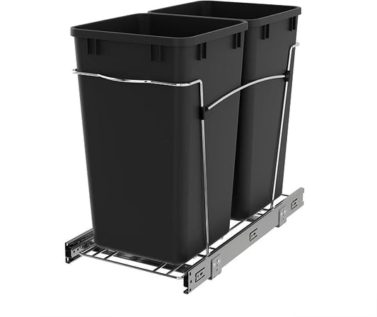 Rev-A-Shelf Double 27 Qt Pullout Trash Can for Base Kitchen Cabinets, Garbage Waste Bin System with Full Extension Slides, Min Opening Width of 11.5", Black, RV-15KD-18C S by Rev-A-Shelf