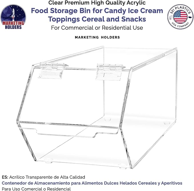 Marketing Holders Food Storage Bin with Hinged Lid for Ice Cream Toppings 5" x 13" Candies Nuts Granola Cereal and Snacks No Assembly Clear Acrylic Caddy - Image 2