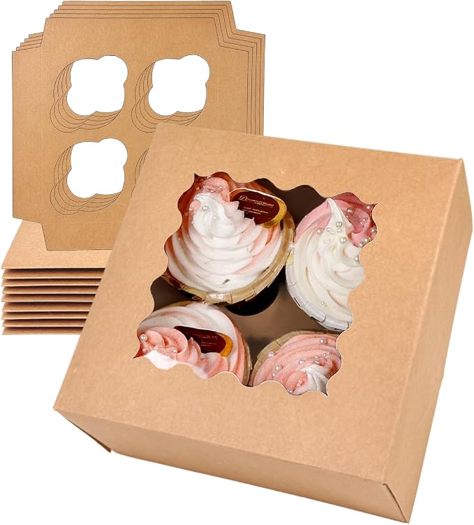 qiqee Auto-pop Up Cupcake Boxes with Window Brown 100PCS 4 Count Cupcake Box 6.3"x6.3"x3" Cupcakes Carrier, 4 Cupcake Containers - Image 2