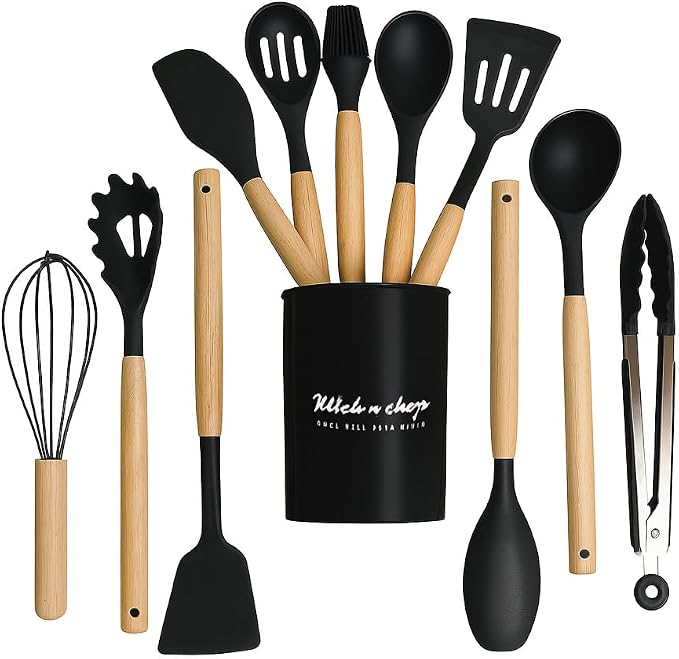 Silicone Kitchen Spatula and Utensils Spoon Set Cooking + Baking Set- 12 Pcs Non-Stick with Wooden Handle-BPA Free,Heat Resistant Item,Flexible Non Toxic Silicon Cookware Tools (Black) by Klick+n+shop