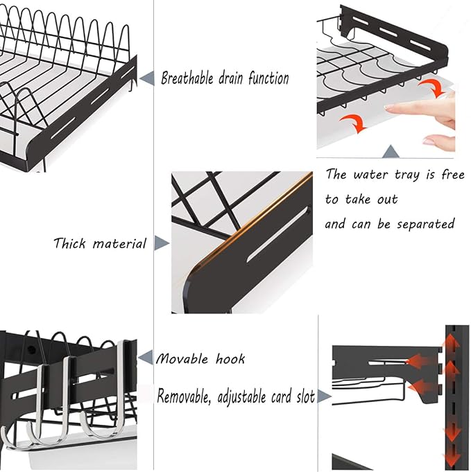 3 Tier Black Stainless Steel Dish Drying Rack Fruit Vegetable Storage Basket with Drainboard and Hanging Chopsticks Cage Knife Holder Wall Mounted Kitchen Supplies Shelf Utensils Organizer - Image 7