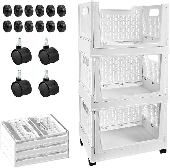 Stackable Plastic Storage Basket, 3 Pack Foldable Closet Organizers and Storage Bins with Wheels, Collapsible Drawer Shelf Storage Box Container for Office Bedroom Closet Wardrobe Kitchen Bathroom by BUZIFU
