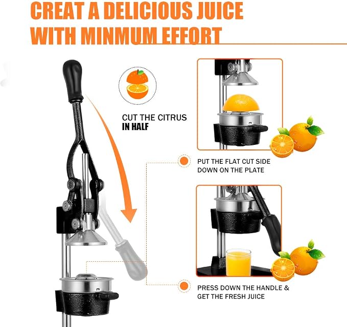 Commercial Heavy Duty Cast Iron Hand Press Manual Orange Citrus Lemon Lime Grapefruit Pomegranate Fruit Juice Squeezer Machine with Stainless Steel Cup Black - Image 5