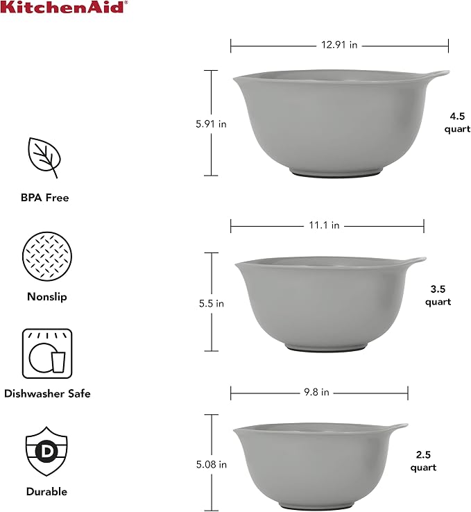 KitchenAid Universal Nesting Plastic Mixing Bowls, Set Of 3, 2.5 quart, 3.5 quart, 4.5_quart, Non Slip Base with Easy Pour Spout to Reduce Mess, Dishwasher Safe, Gray (Pack of 2) - Image 3