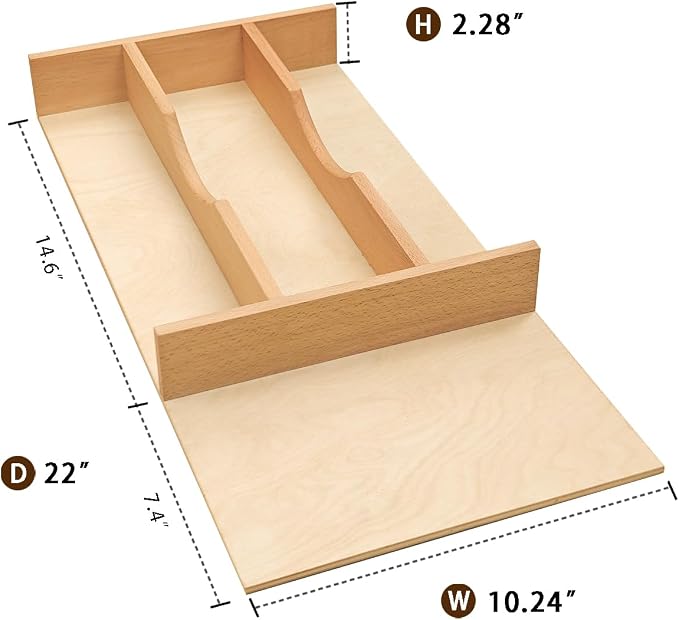 Silverware Drawer Organizer - Trim-to-Fit with Adjustable Dividers for Kitchen Utensil Storage, Beech Wood Frame with 11 Sizes (10.24" W x 22" D) - Image 3