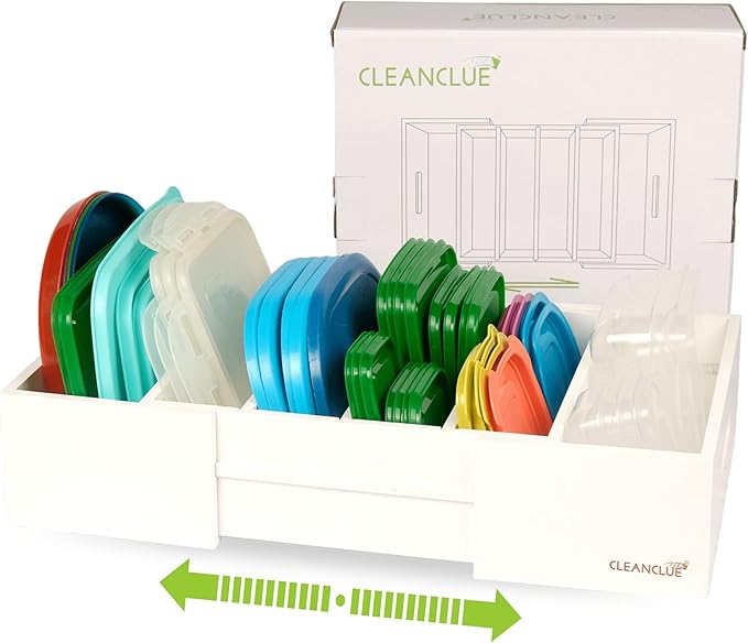 CLEANCLUE Expandable Kitchen Cabinet Organizer for Food Storage Container Lids, Bamboo Drawer Caddy Adjustable Dividers, Box for Kitchen Storage and Organization, Lids Organizer for Cabinet (White) by cleanclue