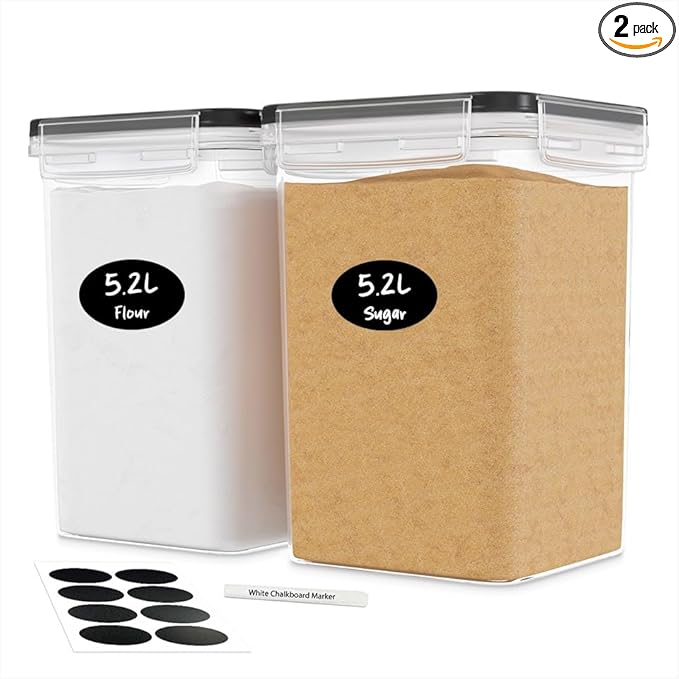 DWËLLZA KITCHEN Large Flour Sugar Storage Containers Set of 2; 175 FL. oz - 5.2L Plastic Airtight Food Storage Containers with Lids for Kitchen Pantry Organization - Food Containers, Labels & Marker by DW%C3%8BLLZAKITCHEN