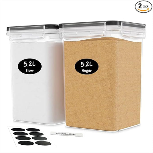 DWËLLZA KITCHEN Large Flour Sugar Storage Containers Set of 2; 175 FL. oz - 5.2L Plastic Airtight Food Storage Containers with Lids for Kitchen Pantry Organization - Food Containers, Labels & Marker by DW%C3%8BLLZAKITCHEN