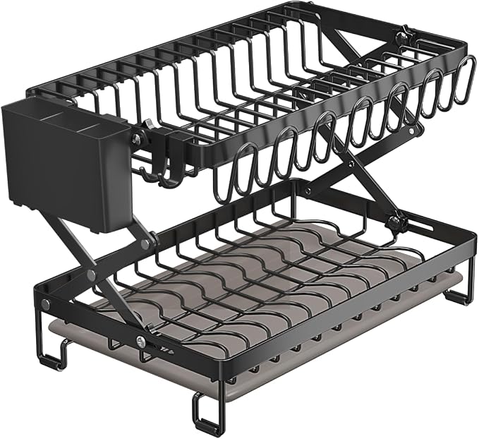 Good Grips Carbon Steel Fold Flat Dish Drying Rack, 2-Tier, with Drainboard, for Kitchen Counter, Collapsible (Black) - Image 3