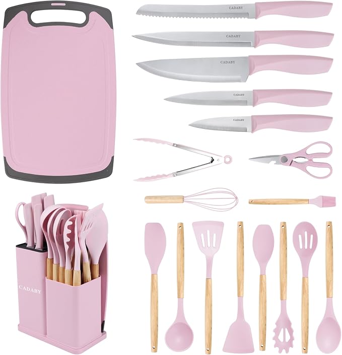 19 PCS Pink Kitchen Cooking Utensils Set Kitchen Tools Set | 6 Stainless Steel Knives, 11 Silicone Utensils with 1 Cutting Board, Ideal for Apartment by CADABY