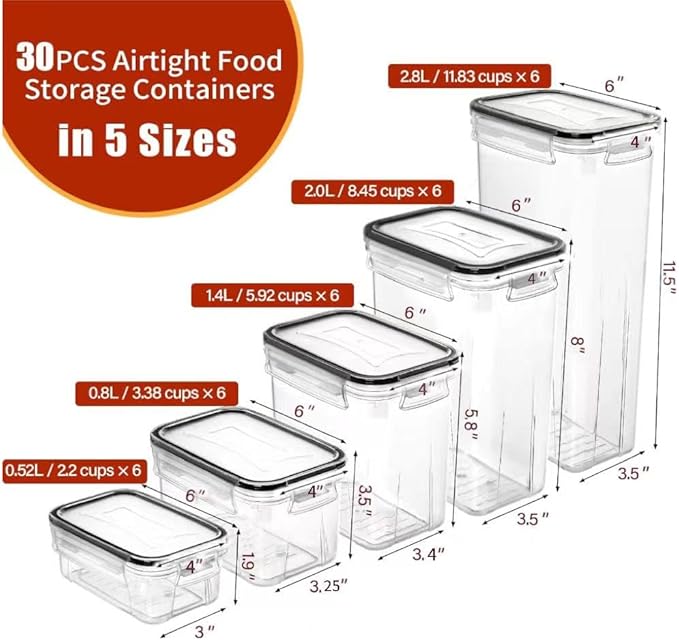 PRAKI 30 Pack Airtight Food Storage Containers for Organizers and Storage | Kitchen Storage Containers for Cereal Flour Sugar Storage, BPA Free, 5 Sizes, Container with 20 Labels, 6 Spoon & Marker - Image 2